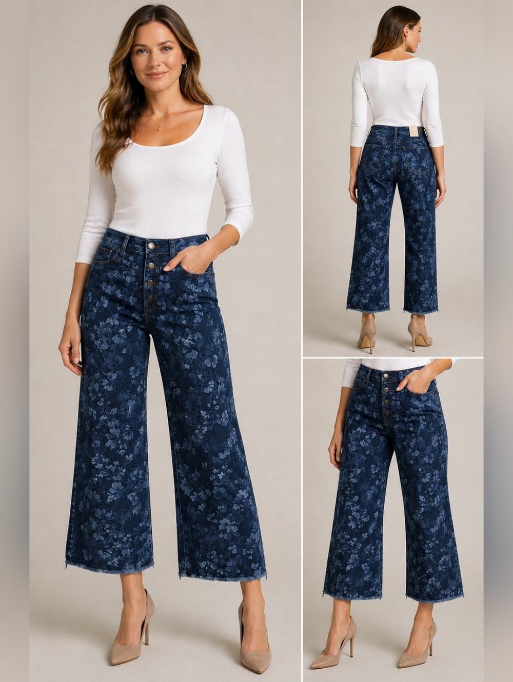 NYDJ Floral Ankle Jeans High Rise Wide Leg Button Fly Womens NWT Sz 6
